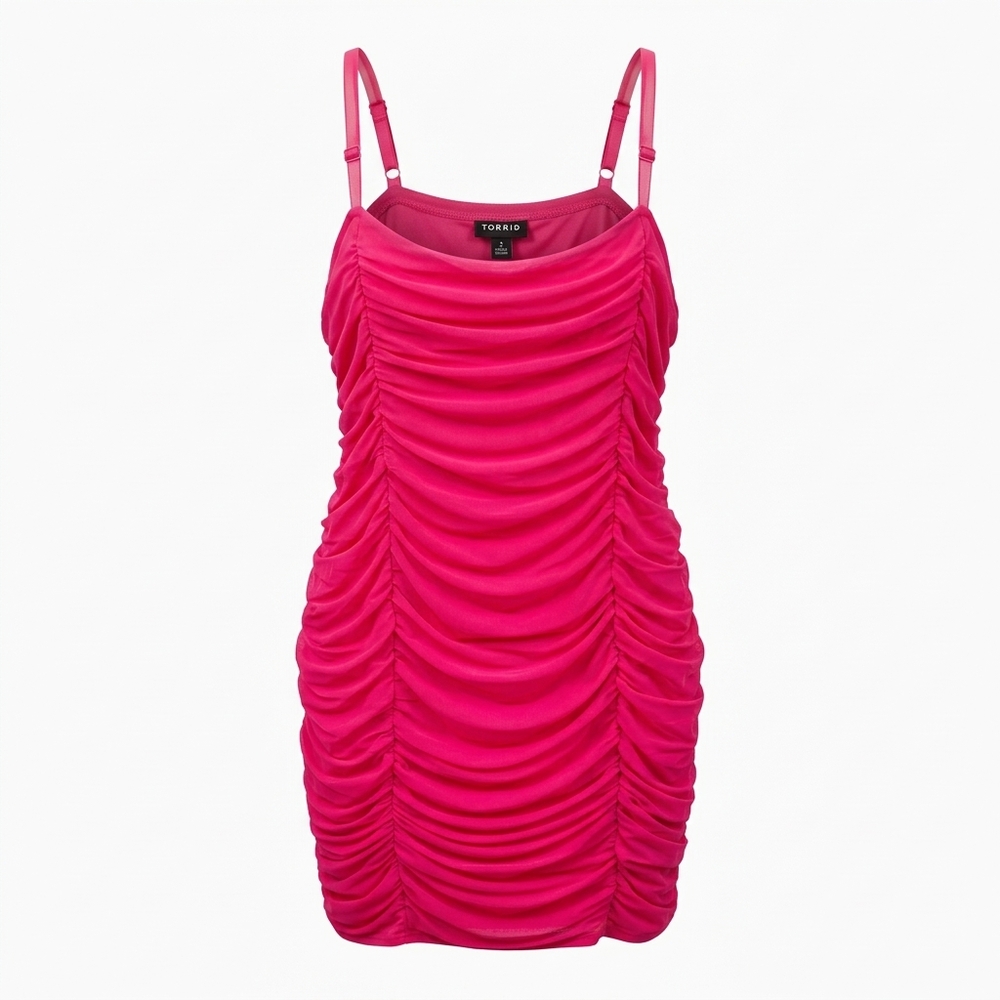 Torrid hot pink ruched mesh midi dress with adjustable straps, draped neckline,